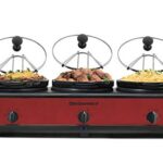 Elite Gourmet EWMST-325R Maxi-Matic Triple Slow Cooker Buffet Server Adjustable Temp Dishwasher-Safe Oval Ceramic Pots, Lid Rests, 3 x 2.5 Qt Capacity, Red