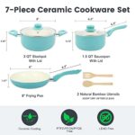 Pots and Pans Set Ultra Nonstick, Pre-assembled 7 Piece Ceramic Cookware Sets, Non Toxic Pots and Pans, Stay Cool Handle & Bamboo Kitchen Utensils, Gas/Induction Compatible, 100% PFOA Free, Turquoise