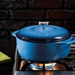 Lodge 6 Quart Enameled Cast Iron Dutch Oven with Lid – Dual Handles – Oven Safe up to 500° F or on Stovetop – Use to Marinate, Cook, Bake, Refrigerate and Serve – Blue