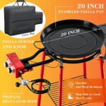 GRISUN Tabarca Paella Pan Set with Paella Burner, 20 Inch Enameled Steel Paella Pan with Side Shelf, 4 Reinforced Legs with Bottom Shelf, Paella Burner with Regulator Hose and Igniter (14 Servings)