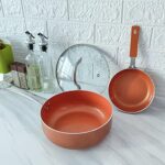 SHINEURI 3 Pieces Mini Copper Pot with Lid, Nonstick Pan Ceramic Pot Small Copper Pan Nonstick Pot with Lid, Ceramic Pan Small Pot and Pan Min Pot and Pan Set – 6 1/2 inch Fry Pan & 3qt Pot with Lid