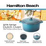 Hamilton Beach Enameled Cast Iron Dutch Oven 5.5-Quart Navy, Cream Enamel Dutch Oven Pot with Lid, Cast Iron Dutch Oven with Even Heat Distribution, Safe Up to 400 Degrees, Durable